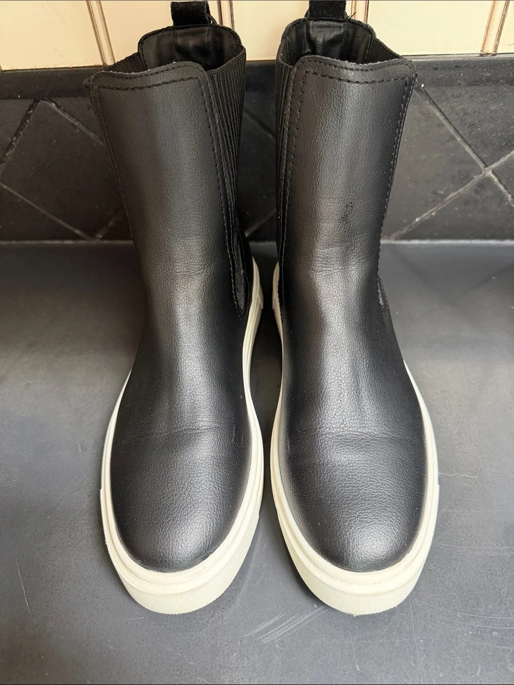 Zara Women's Black Leather Chelsea Sneaker Boots - White Sole